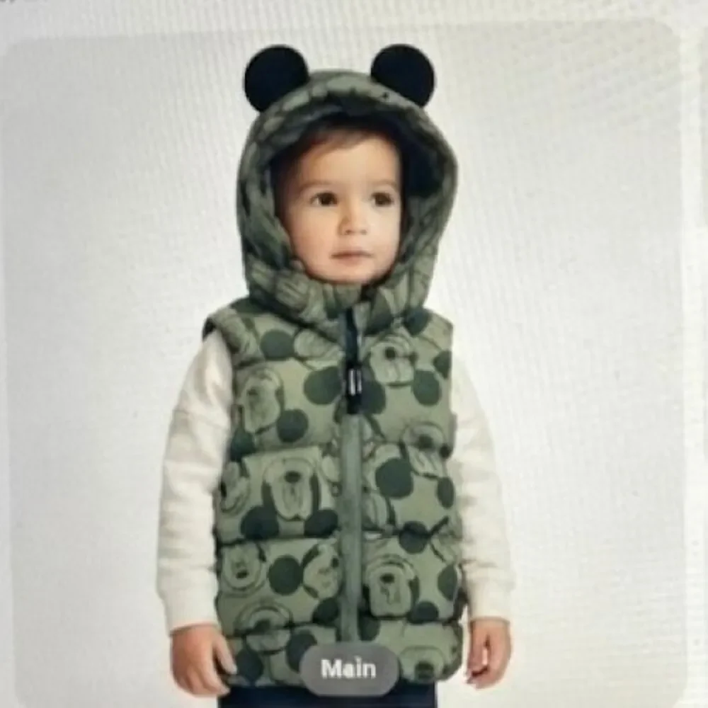 NWOT H&M Disney Mickey Mouse Hooded Puffer Vest Green Zip 3D Ears Baby 12-18M